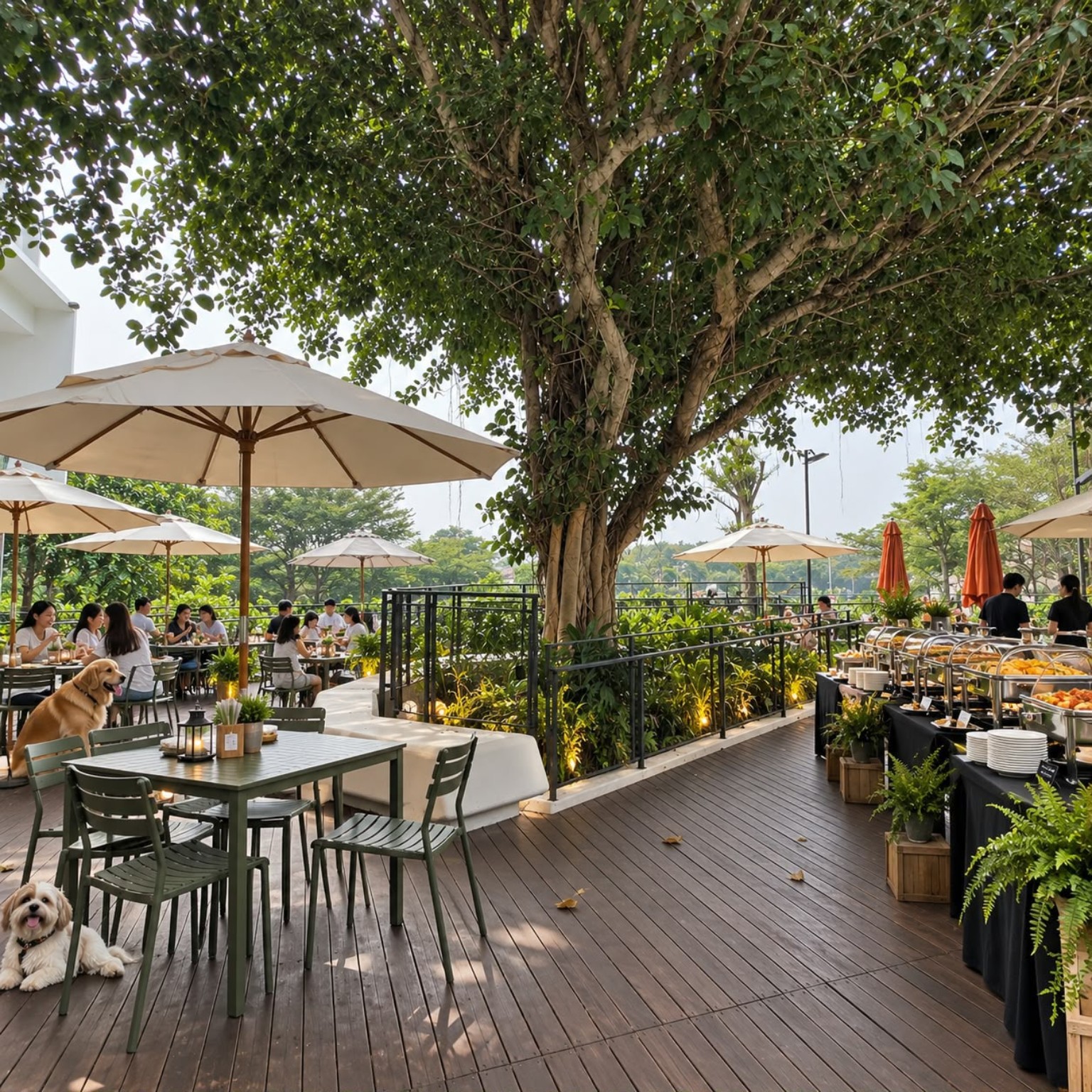 Garden terrace with outdoor buffet and umbrella seating